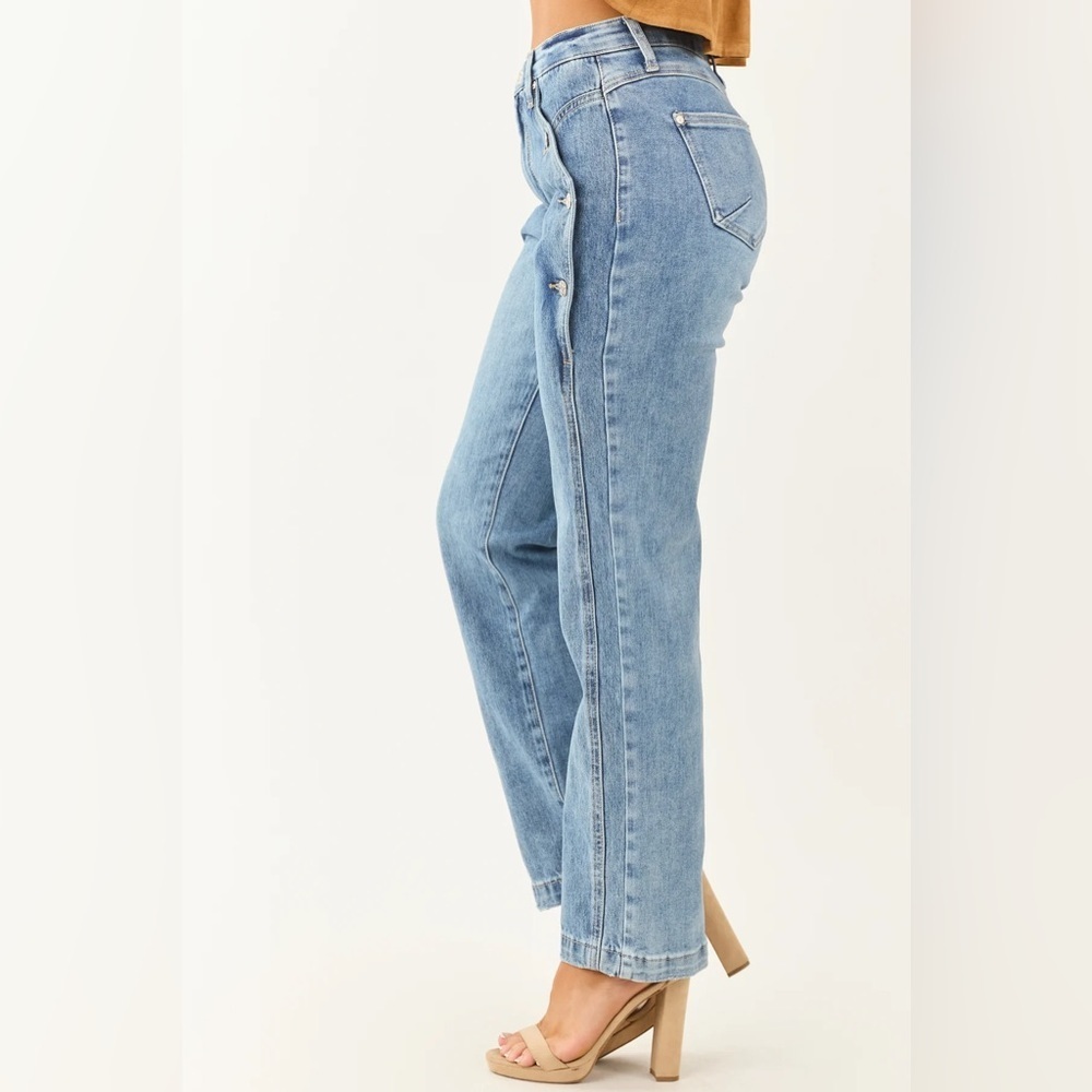 NWT Saige Denim Button Detail Side Panel Tummy Control Straight Leg Denim Jeans - Picture 7 of 11